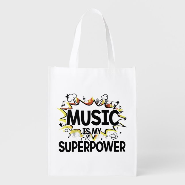 Music is My Superpower Red and Yellow Grocery Bag (Front)