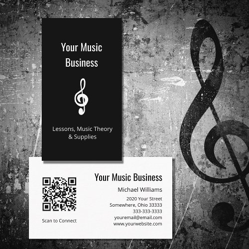 Music Lessons Simple Treble Clef QR code Black  Business Card