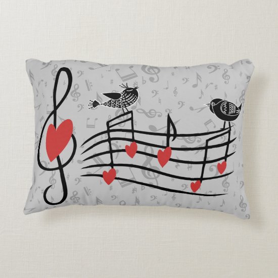Music Love Birds on Gray Musical Notes Accent Pillow