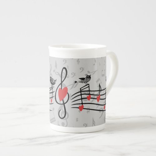 Music Love Birds on Gray Musical Notes Bone China Mug