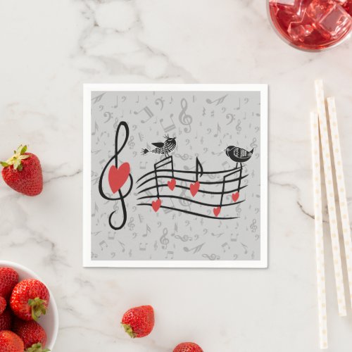 Music Love Birds on Gray Musical Notes Paper Napkins