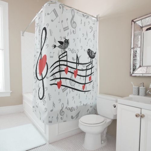 Music Love Birds on Gray Musical Notes Shower Curtain