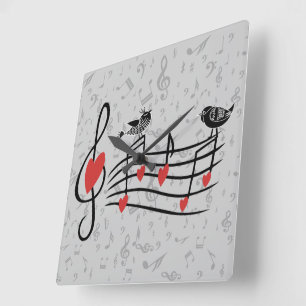 Music Love Birds on Gray Musical Notes Square Wall Clock