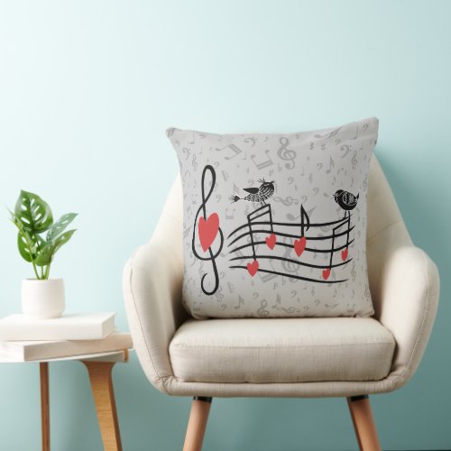Music Love Birds on Gray Musical Notes Throw Pillow