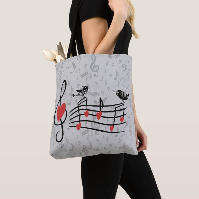 Music Love Birds on Gray Musical Notes Tote Bag (Close Up)