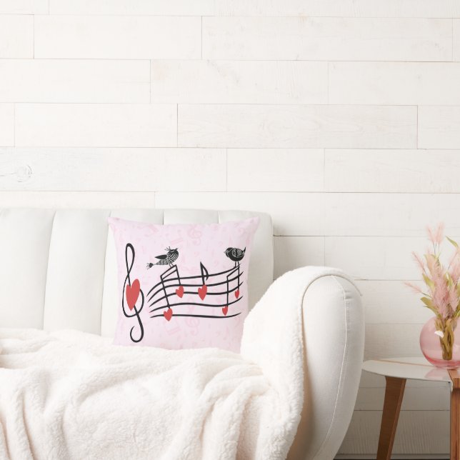 Music Love Birds on Pink Throw Pillow (Couch)