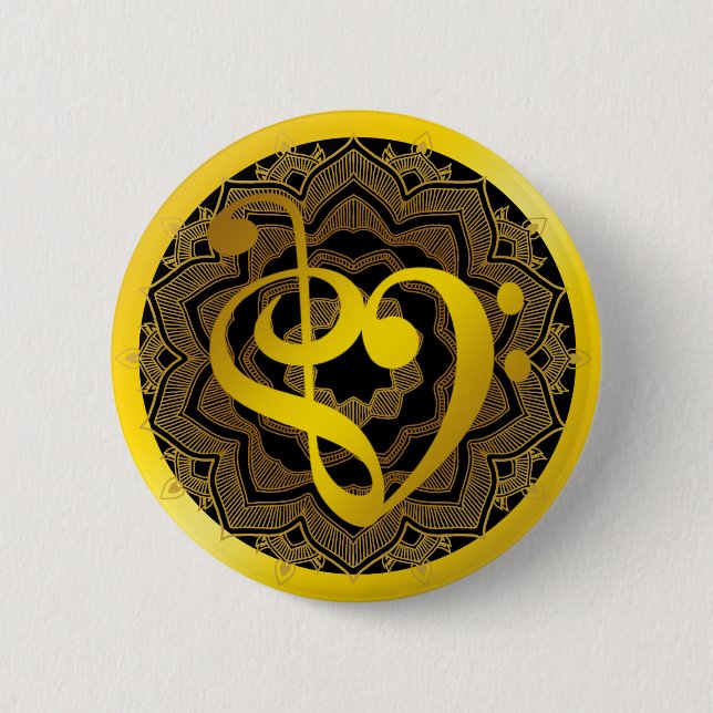 Music Love Heart Symbol Clef Gold Mandala Art Pinback Button (Front)