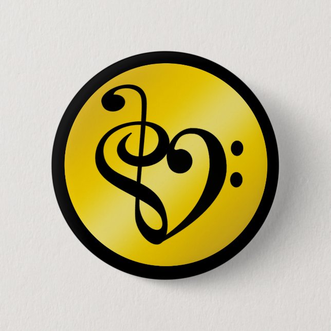 Music Love Heart Symbol Clef Notes in Gold Black Pinback Button (Front)