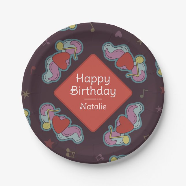 Music Lover Doodles Theme Birthday Party Red Paper Plates (Front)
