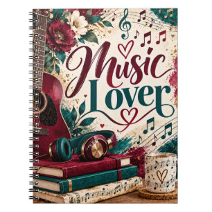 Music Lover Guitar Floral Teal Burgundy Notebook