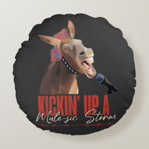 Music Lover Punny Rockstar Donkey Round Pillow