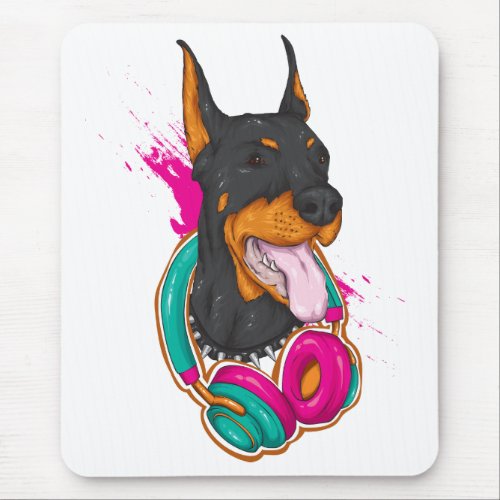 Music Lover Puppy Dog Cartoon Doberman Pincher   Mouse Pad