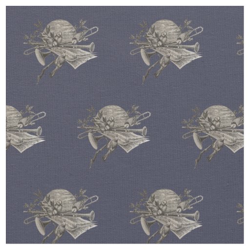 Music Lover Sketch with Birds and Band Instruments Fabric