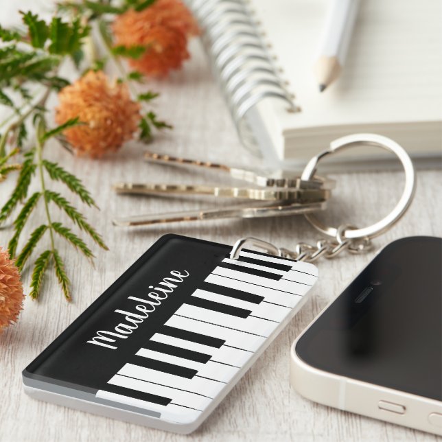 Music Lovers Black White Piano Keyboard  Keychain (Front Right)