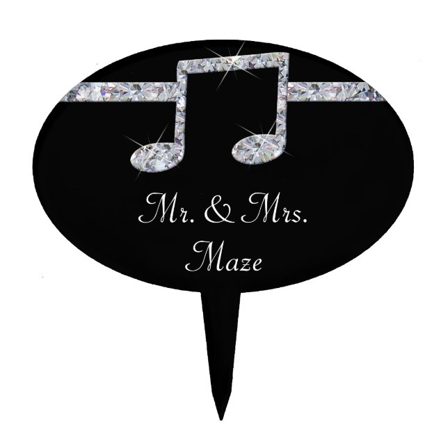 Music Lovers Diamond Shimmer On Black Wedding Cake Topper (Front)