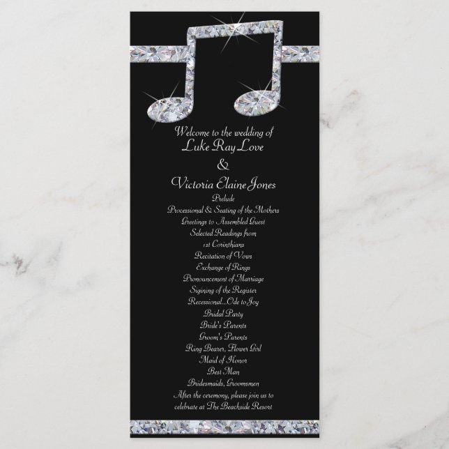 Music Lovers Diamond Shimmer On Black Wedding Program (Front)