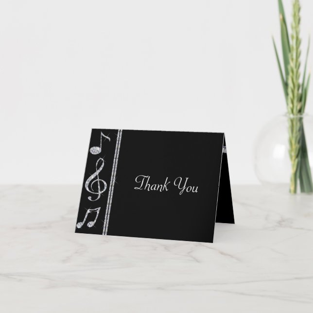 Music Lovers Diamond Shimmer On Black Wedding Thank You Card (Front)