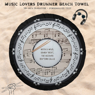 Music Lovers Drummer Round Black and White Beach Towel