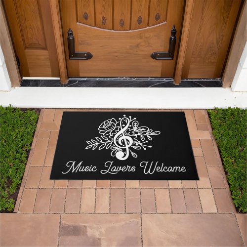 Music Lovers Welcome Black Floral Treble Clef  Doormat