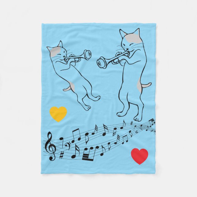Music-Loving Cats on Blue Fleece Blanket (Front)
