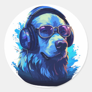 Music-Loving Dog with Headphones Classic Round Sticker