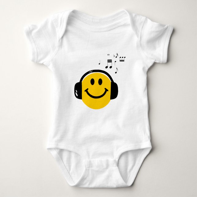 Music Loving Happy Face with Headphones Baby Bodysuit (Front)