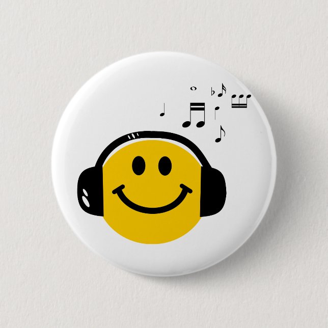 Music Loving Happy Face with Headphones Button (Front)