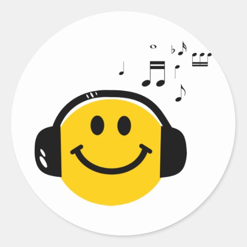 Music Loving Happy Face with Headphones Classic Round Sticker