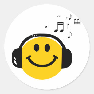 Music Loving Happy Face with Headphones Classic Round Sticker