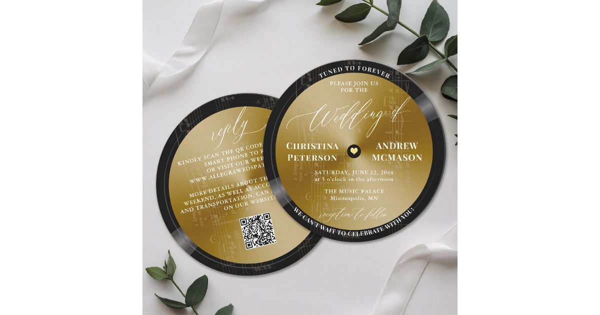 Music LP Vintage Vinyl Gold White Modern Wedding Invitation | Zazzle