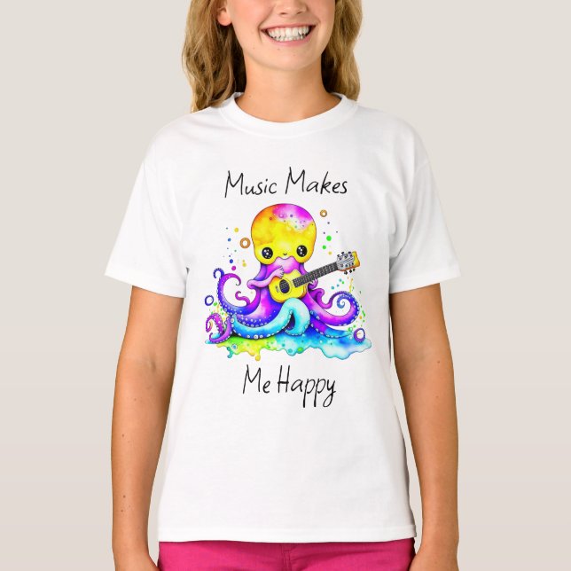 Music Makes Me Happy | Octopus Playing Guitar T-Shirt (Front)