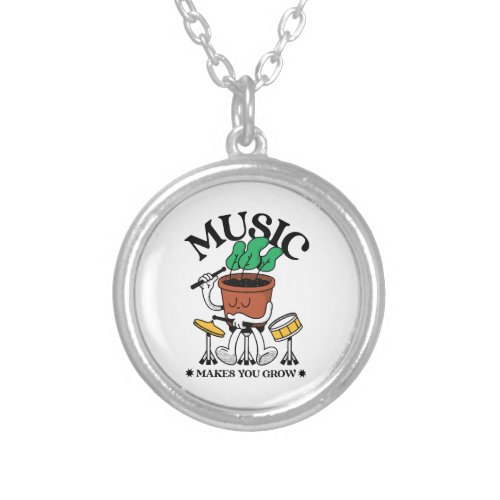 Music Makes You Grow Plant Drummer Silver Plated Necklace