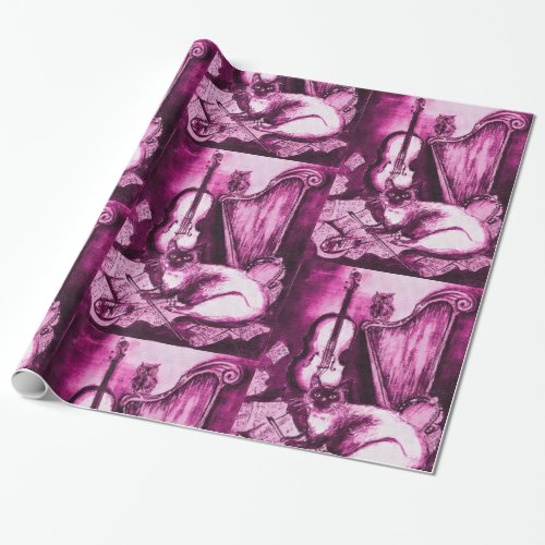 MUSIC MAKING CAT AND OWL Purple Pink Wrapping Paper