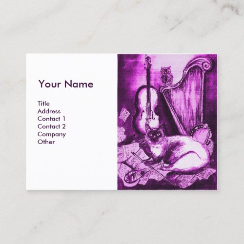 MUSIC MAKING CAT AND OWL Purple White Business Card