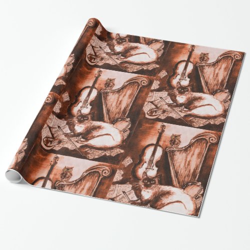 MUSIC MAKING CAT OWLMusical Instruments Brown Wrapping Paper