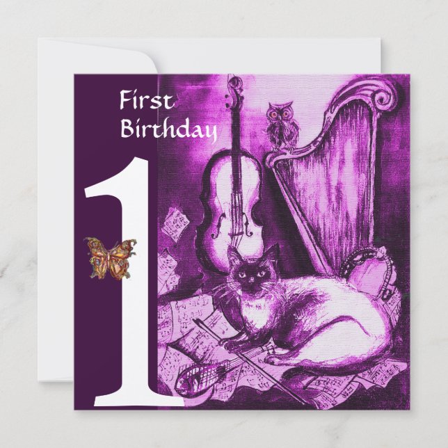MUSIC MAKING CAT ,OWL Purple First Birthday Party Invitation (Front)