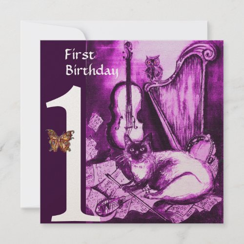 MUSIC MAKING CAT OWL Purple First Birthday Party Invitation