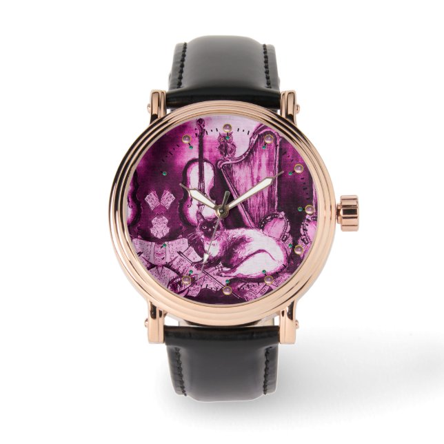 MUSIC MAKING CAT WITH OWL ,Purple Pink Watch (Front)