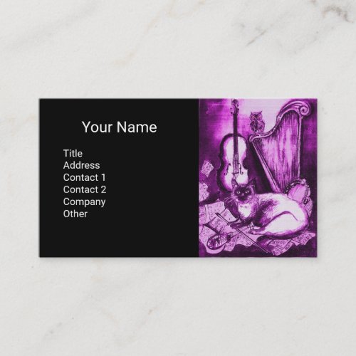 MUSIC MAKING CAT WITH OWL Purple White Business Card