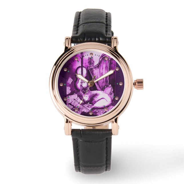 MUSIC MAKING CAT WITH OWL ,Purple White Watch (Front)