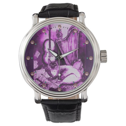 MUSIC MAKING CAT WITH OWL Purple White Watch