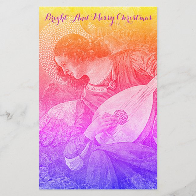 MUSIC MAKING CHRISTMAS ANGEL Pink Blue Yellow Stationery (Front)