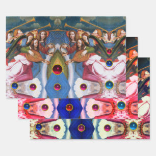 MUSIC MAKING CHRISTMAS ANGELS Colorful Gemstones Wrapping Paper Sheets