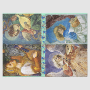 MUSIC MAKING CHRISTMAS ANGELS WITH BLUE FLORAL TISSUE PAPER