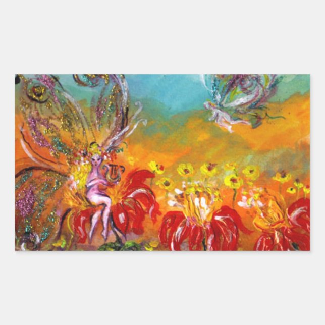 MUSIC MAKING FLOWER FAIRY Floral Fantasy Rectangular Sticker (Front)