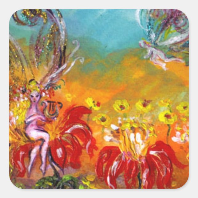 MUSIC MAKING FLOWER FAIRY Floral Fantasy Square Sticker (Front)