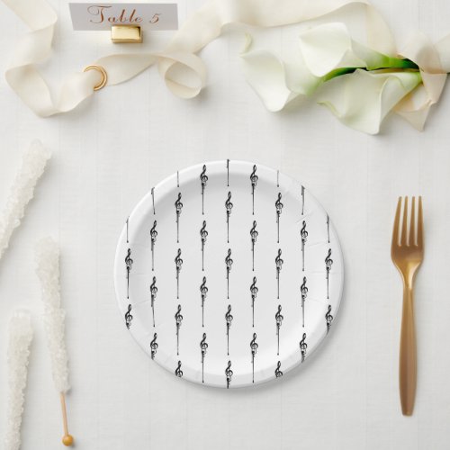 Music Motif Melting Treble Clef Black and White Paper Plates