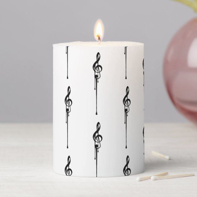 Music Motif Melting Treble Clef Black and White Pillar Candle (In Situ)