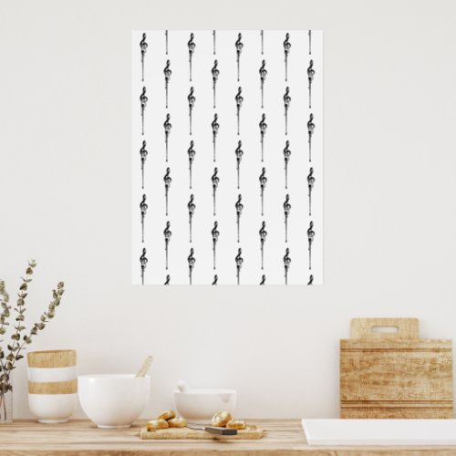 Music Motif Melting Treble Clef Black and White Poster