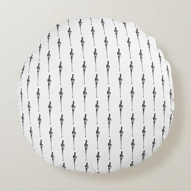 Music Motif Melting Treble Clef Black and White Round Pillow (Front)